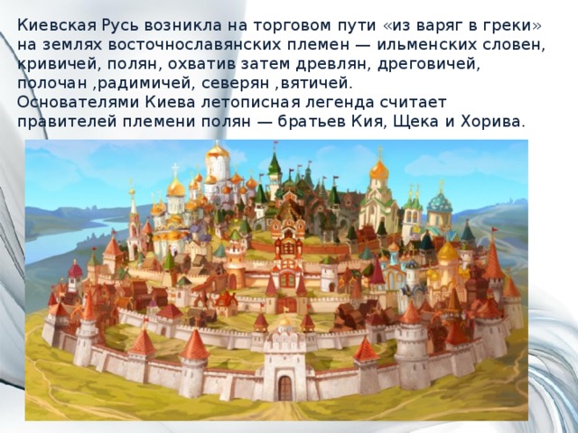 Киевская Русь возникла на торговом пути «из варяг в греки» на землях восточнославянских племен — ильменских словен, кривичей, полян, охватив затем древлян, дреговичей, полочан ,радимичей, северян ,вятичей. Основателями Киева летописная легенда считает правителей племени полян — братьев Кия, Щека и Хорива. 