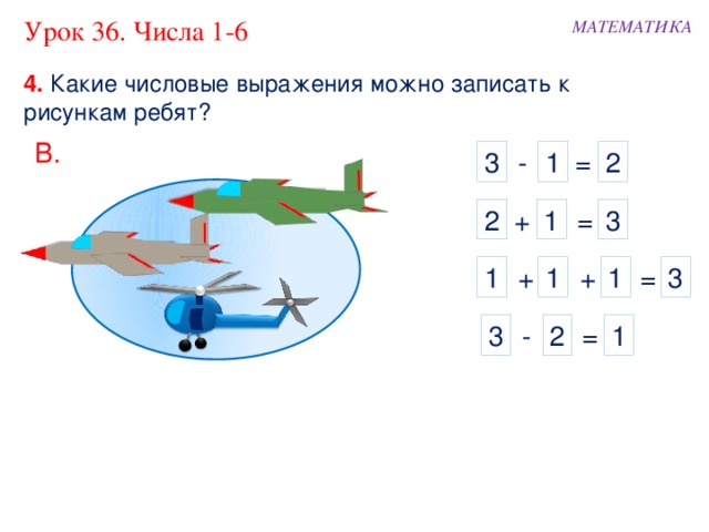 Урок 36. Числа 1-6 МАТЕМАТИКА 4. Какие числовые выражения можно записать к рисункам ребят? В. 2 = 1  - 3 = + 1 3 2 1 + 1 = 3 + 1 = 1 2 3 - 