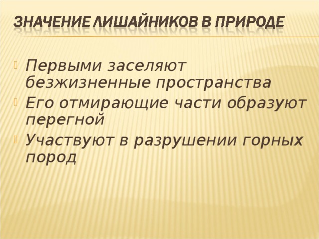 Первыми заселяют безжизненные пространства Его отмирающие части образуют перегной Участвуют в разрушении горных пород 