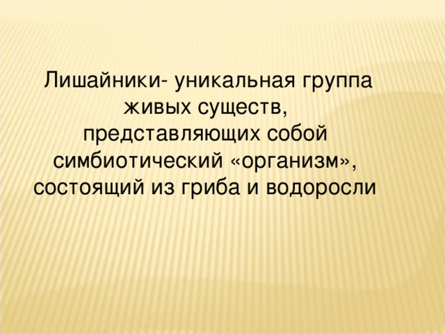  Лишайники- уникальная группа живых существ, представляющих собой симбиотический «организм», состоящий из гриба и водоросли 