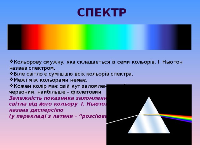 спектр Кольорову смужку, яка складається із семи кольорів, І. Ньютон назвав спектром. Біле світло є сумішшю всіх кольорів спектра. Межі між кольорами немає. Кожен колір має свій кут заломлення: найменше заломлюється червоний, найбільше – фіолетовий Залежність показника заломлення світла від його кольору І. Ньютон назвав дисперсією (у перекладі з латини – “розсіювання”)  