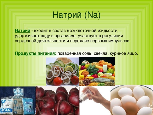 Натрий ( Na )  Натрий  - входит в состав межклеточной жидкости, удерживает воду в организме, участвует в регуляции сердечной деятельности и передаче нервных импульсов.  Продукты питания:  поваренная соль, свекла, куриное яйцо. 