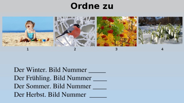 Ordne zu 1 2 3 4 Der Winter. Bild Nummer _____ Der Frühling. Bild Nummer ____ Der Sommer. Bild Nummer ____ Der Herbst. Bild Nummer _____ 