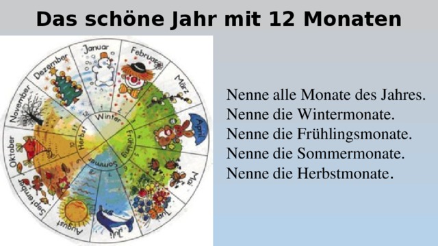 Das schöne Jahr mit 12 Monaten Nenne alle Monate des Jahres. Nenne die Wintermonate. Nenne die Frühlingsmonate. Nenne die Sommermonate. Nenne die Herbstmonate . 
