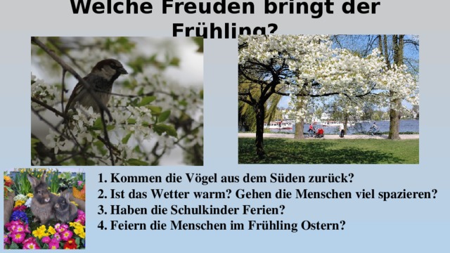 Welche Freuden bringt der Frühling? 1. Kommen die Vögel aus dem Süden zurück? 2. Ist das Wetter warm? Gehen die Menschen viel spazieren? 3. Haben die Schulkinder Ferien? 4. Feiern die Menschen im Frühling Ostern? 