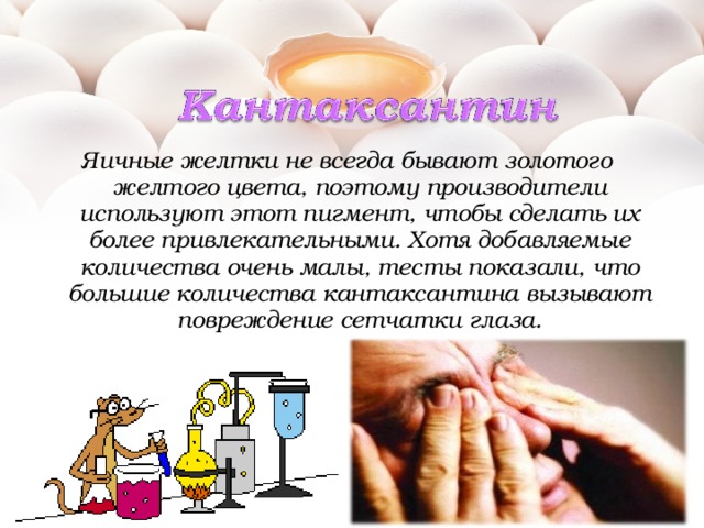 Яичные желтки не всегда бывают золотого желтого цвета, поэтому производители используют этот пигмент, чтобы сделать их более привлекательными. Хотя добавляемые количества очень малы, тесты показали, что большие количества кантаксантина вызывают повреждение сетчатки глаза. 