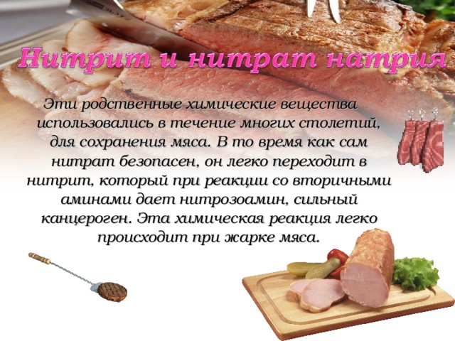 Эти родственные химические вещества использовались в течение многих столетий, для сохранения мяса. В то время как сам нитрат безопасен, он легко переходит в нитрит, который при реакции со вторичными аминами дает нитрозоамин, сильный канцероген. Эта химическая реакция легко происходит при жарке мяса. 