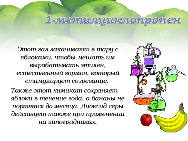  Этот газ закачивают в тару с яблоками, чтобы мешать им вырабатывать этилен, естественный гормон, который стимулирует созревание. Также этот химикат сохраняет яблоки в течение года, а бананы не портятся до месяца. Диоксид серы действует также при применении на виноградниках. 