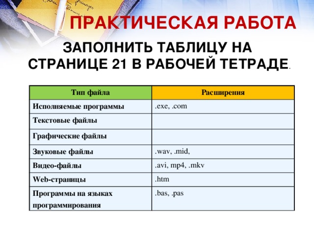 Исполняемые расширения. Заполните таблицу Тип файла и расширения. Заполните таблицу типы файлов расширение Тип файла программы. Заполните таблицу вид расширения Тип Формат файла программа. Заполните таблицу типов файлов.