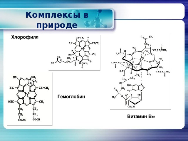 Комплексы в природе Хлорофилл          Гемоглобин    Витамин В 12  