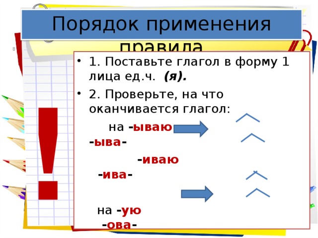 Порядок применения правила  1. Поставьте глагол в форму 1 лица ед.ч. (я). 2. Проверьте, на что оканчивается глагол:  на - ываю - ыва -  - иваю - ива -  на - ую - ова -  - юю - ева -  ! 