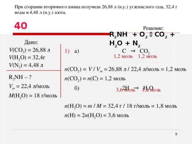При сгорании вторичного амина получили 26,88 л (н.у.) углекислого газа, 32,4 г воды и 4,48 л (н.у.) азота. 40 Решение: R 2 NH + O 2   CO 2 + H 2 O + N 2 Дано: V (CO 2 ) = 26,88 л 1)  а)    С  →  CO 2  n ( CO 2 ) = V  /  V m  = 26 , 88  л / 22,4 л/моль = 1,2 моль n ( CO 2 ) = n ( C ) = 1,2 моль  б)    2Н   →  H 2 O  n ( H 2 O )  = m / M = 32,4 г / 18 г/моль = 1 , 8 моль n (Н) = 2 n ( H 2 O ) = 3 , 6 моль 1,2 моль 1,2 моль V (H 2 O) = 32,4 г V (N 2 ) = 4,48 л R 2 NH – ? V m = 22,4 л/моль M (H 2 O ) = 18 г/моль 3,6 моль 1 ,8 моль  