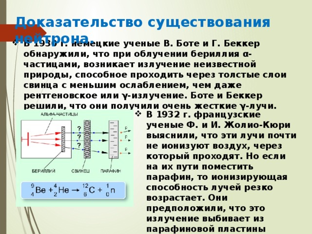 Доказательство существования нейтрона. В 1930 г. немецкие ученые В. Боте и Г. Беккер обнаружили, что при облучении бериллия α-частицами, возникает излучение неизвестной природы, способное проходить через толстые слои свинца с меньшим ослаблением, чем даже рентгеновское или γ-излучение. Боте и Беккер решили, что они получили очень жесткие γ-лучи. В 1932 г. французские ученые Ф. и И. Жолио-Кюри выяснили, что эти лучи почти не ионизуют воздух, через который проходят. Но если на их пути поместить парафин, то ионизирующая способность лучей резко возрастает. Они предположили, что это излучение выбивает из парафиновой пластины протоны. 