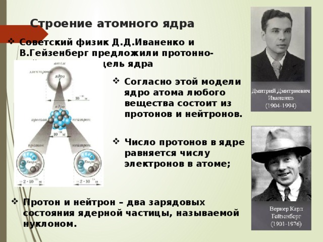 Строение атомного ядра Советский физик Д.Д.Иваненко и В.Гейзенберг предложили протонно-нейтронную модель ядра Согласно этой модели ядро атома любого вещества состоит из протонов и нейтронов. Число протонов в ядре равняется числу электронов в атоме; Протон и нейтрон – два зарядовых состояния ядерной частицы, называемой нуклоном. 