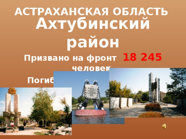 АСТРАХАНСКАЯ ОБЛАСТЬ Ахтубинский район Призвано на фронт 18 245 человек. Погибло 12 500 человек. Вернулись 5 745 человек. 