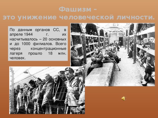 Фашизм –  это унижение человеческой личности. По данным органов СС,  в апреле 1944 г. их насчитывалось – 20 основных и до 1000 филиалов. Всего через концентрационные лагеря прошло 18 млн. человек. 