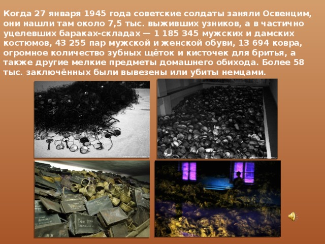 Когда 27 января 1945 года советские солдаты заняли Освенцим, они нашли там около 7,5 тыс. выживших узников, а в частично уцелевших бараках-складах — 1 185 345 мужских и дамских костюмов, 43 255 пар мужской и женской обуви, 13 694 ковра, огромное количество зубных щёток и кисточек для бритья, а также другие мелкие предметы домашнего обихода. Более 58 тыс. заключённых были вывезены или убиты немцами. 
