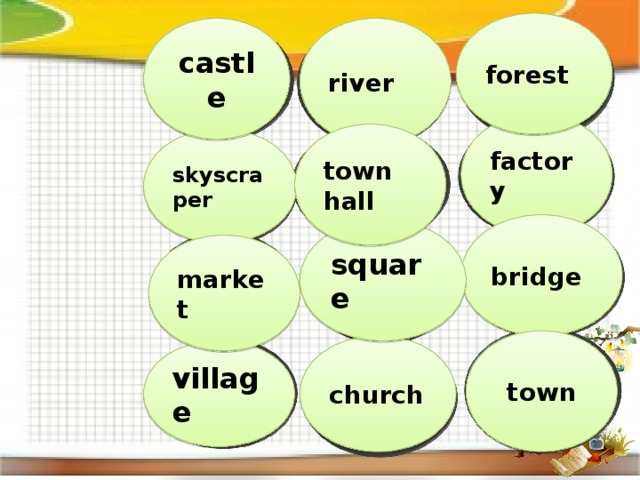 forest castle river factory town hall skyscraper bridge square market town church village 