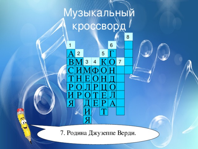 Музыкальный  кроссворд 1 А Г 2 5 В М К О 4 3 С И М О Ф Н О Т Н Е Н Д Л О О Р Р Ц Л И Р О Т Е Д Е Р Я А Т И Я 7. Родина Джузеппе Верди. 