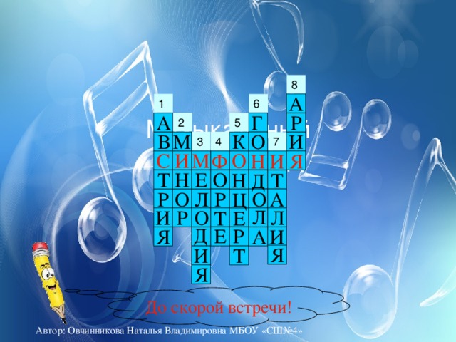 А 1 Музыкальный  кроссворд Р А Г 2 5 В И К М О 3 4 С О И М Я Ф Н И О Е Н Т Н Т Д А Л Р О Р О Ц Л О И Л Р Е Т Д Е Р Я И А Я Т И Я До скорой встречи! Автор : Овчинникова Наталья Владимировна МБОУ «СШ№4» 