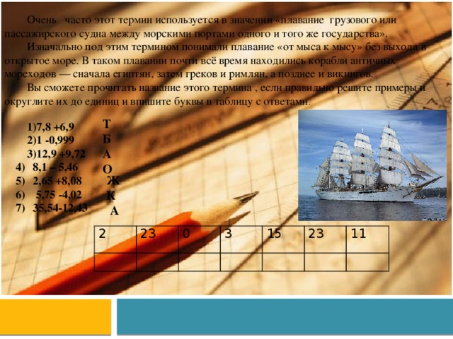 Очень часто этот термин используется в значении «плавание грузового или пассажирского судна между морскими портами одного и того же государства». Изначально под этим термином понимали плавание «от мыса к мысу» без выхода в открытое море. В таком плавании почти всё время находились корабли античных мореходов — сначала египтян, затем греков и римлян, а позднее и викингов. Вы сможете прочитать название этого термина , если правильно решите примеры и округлите их до единиц и впишите буквы в таблицу с ответами .    Т 7,8 +6,9 1 -0,999 12,9 +9,72 8,1 – 5,46 2,65 +8,08  5,75 -4,02 35,54-12,43 Б А О Ж К А 2   23 0   3   15     23 11   