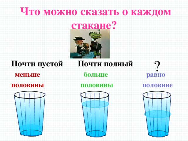  Что можно сказать о каждом стакане?  Почти пустой Почти полный  меньше больше  равно половины половины  половине 