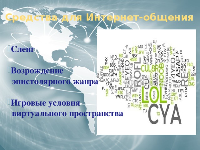Средства для Интернет-общения Сленг  Возрождение  эпистолярного жанра  Игровые условия  виртуального пространства 