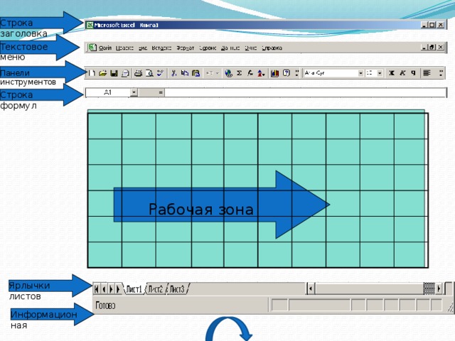 Строка заголовка Текстовое меню Панели инструментов Строка формул Рабочая зона Ярлычки листов Информационная 17 