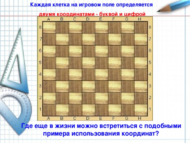 Каждая клетка на игровом поле определяется двумя координатами - буквой и цифрой Как определяется местоположение фигуры на игровом поле? А где еще в жизни можно встретится с подобными примерами? (отметка в школьном журнале на пересечении Ф.И. ученика и даты проведения урока, отметка в школьном дневнике на пересечении названия урока и столбца «Оценка», график дежурств, школьное расписание) Где еще в жизни можно встретиться с подобными примера использования координат?  