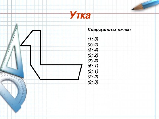 Утка Координаты точек:  (1; 3) (2; 4) (3; 4) (3; 2) (7; 2) (6; 1) (3; 1) (2; 2) (2; 3)  