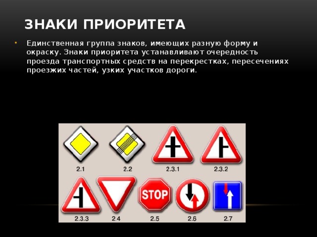 Знаки приоритета   Единственная группа знаков, имеющих разную форму и окраску. Знаки приоритета устанавливают очередность проезда транспортных средств на перекрестках, пересечениях проезжих частей, узких участков дороги.    