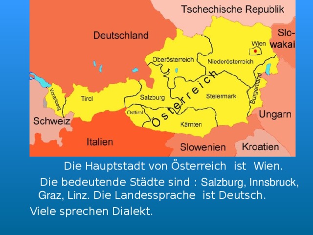  Die Hauptstadt von Österreich ist Wien.  Die bedeutende Städte sind :  Salzburg, Innsbruck,  Graz, Linz. Die Landessprache ist Deutsch.   Viele sprechen Dialekt. 