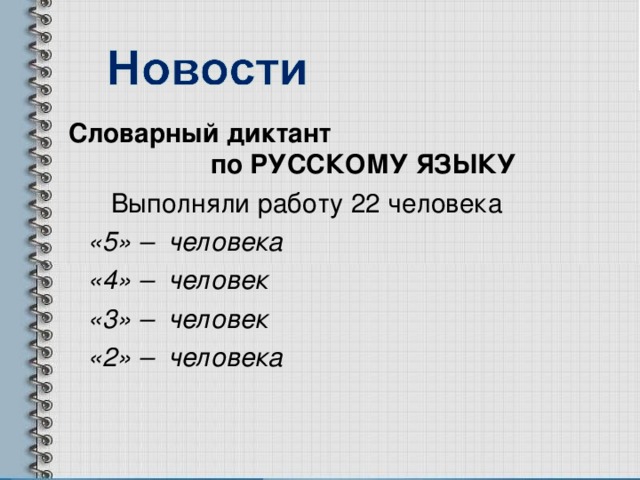 Словарный диктант по РУССКОМУ ЯЗЫКУ Выполняли работу 22 человека  «5» – человека  «4» – человек  «3» – человек  «2» – человека    