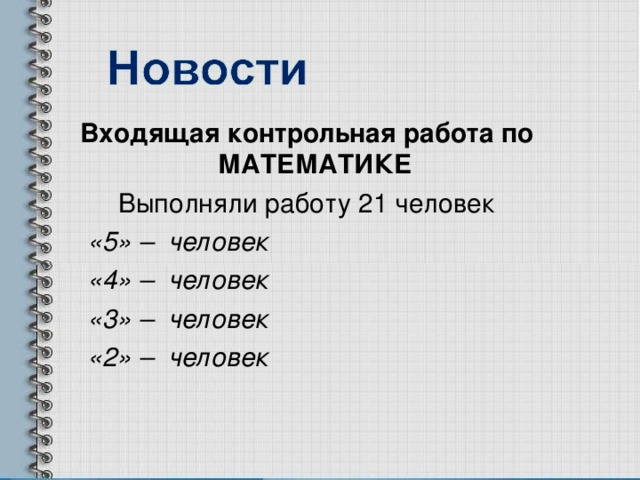 Входящая контрольная работа по МАТЕМАТИКЕ Выполняли работу 21 человек  «5» – человек  «4» – человек  «3» – человек  «2» – человек    