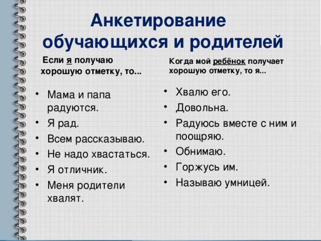 Анкетирование  обучающихся и родителей  Если я получаю хорошую отметку, то... Когда мой ребёнок получает хорошую отметку, то я... Хвалю его. Довольна. Радуюсь вместе с ним и поощряю. Обнимаю. Горжусь им. Называю умницей. Мама и папа радуются. Я рад. Всем рассказываю. Не надо хвастаться. Я отличник. Меня родители хвалят. 