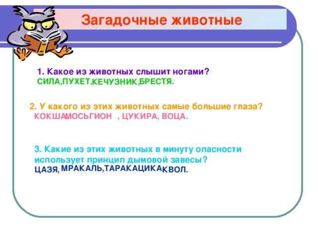  Загадочные животные 1. Какое из животных слышит ногами? СИЛА,ПУХЕТ, БРЕСТЯ.    КЕЧУЗНИК, 2. У какого из этих животных самые большие глаза?  КОКША, , ЦУКИРА, ВОЦА.   МОСЬГИОН 3. Какие из этих животных в минуту опасности использует принцип дымовой завесы?  ЦАЗЯ, КВОЛ.  МРАКАЛЬ,ТАРАКАЦИКА,  