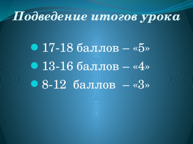 Подведение итогов урока 17-18 баллов – «5» 13-16 баллов – «4» 8-12 баллов – «3» 