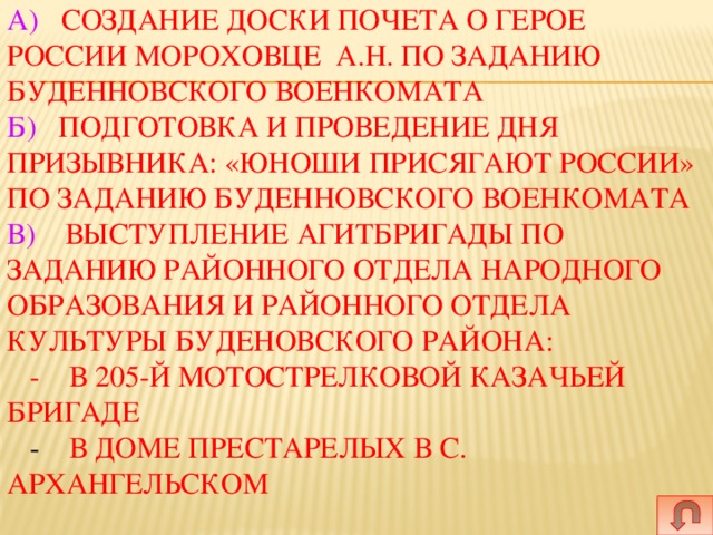 а) Создание Доски почета о Герое России Мороховце А.Н. по заданию Буденновского военкомата  б) Подготовка и проведение Дня призывника: «Юноши присягают России» по заданию Буденновского военкомата  В) Выступление агитбригады по заданию Районного отдела народного образования и Районного отдела культуры буденовского района:  - в 205-й мотострелковой казачьей бригаде  - в Доме престарелых в с. Архангельском   