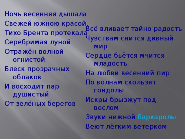 Ночь весенняя дышала Свежей южною красой. Тихо Брента протекала Серебримая луной Отражён волной огнистой Блеск прозрачных облаков И восходит пар душистый От зелёных берегов Всё вливает тайно радость Чувствам снится дивный мир Сердце бьётся мчится младость На любви весенний пир По волнам скользят гондолы Искры брызжут под веслом Звуки нежной баркаролы Веют лёгким ветерком 