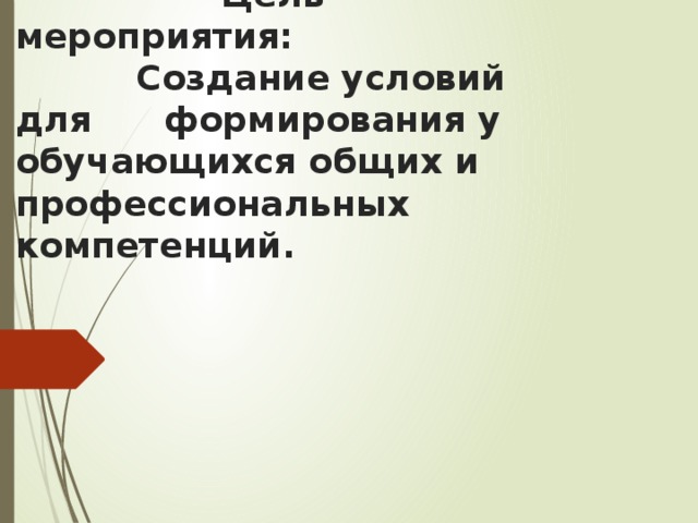    Цель мероприятия:  Создание условий для формирования у обучающихся общих и профессиональных компетенций. 