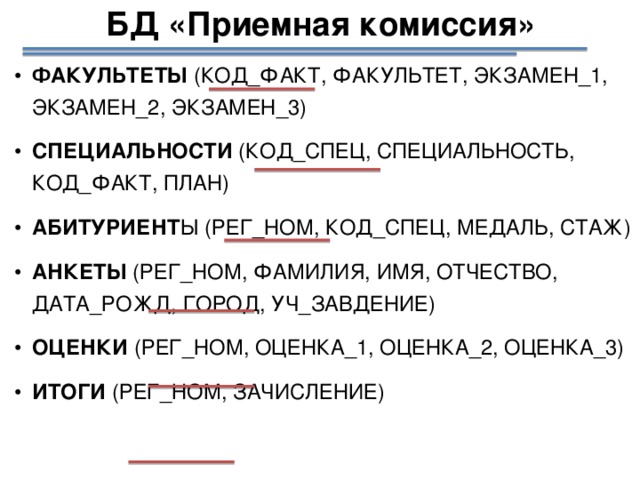 БД «Приемная комиссия» ФАКУЛЬТЕТЫ (КОД_ФАКТ, ФАКУЛЬТЕТ, ЭКЗАМЕН_1, ЭКЗАМЕН_2, ЭКЗАМЕН_3) СПЕЦИАЛЬНОСТИ (КОД_СПЕЦ, СПЕЦИАЛЬНОСТЬ, КОД_ФАКТ, ПЛАН) АБИТУРИЕНТ Ы (РЕГ_НОМ, КОД_СПЕЦ, МЕДАЛЬ, СТАЖ) АНКЕТЫ (РЕГ_НОМ, ФАМИЛИЯ, ИМЯ, ОТЧЕСТВО, ДАТА_РОЖД, ГОРОД, УЧ_ЗАВДЕНИЕ) ОЦЕНКИ (РЕГ_НОМ, ОЦЕНКА_1, ОЦЕНКА_2, ОЦЕНКА_3) ИТОГИ (РЕГ_НОМ, ЗАЧИСЛЕНИЕ) 