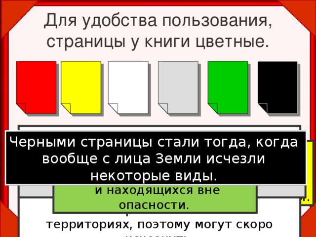 Для удобства пользования, страницы у книги цветные. На белых листах помещены сведения о редких видах растений и животных. Эти виды не находятся под угрозой вымирания, встречаются очень редко , на ограниченных территориях, поэтому могут скоро исчезнуть. На серых листах — сведения о мало изученных и редких видах. Возможно, они находятся под угрозой, но так как нет достаточной информации, то нельзя оценить, к какой группе они относятся. Черными страницы стали тогда, когда вообще с лица Земли исчезли некоторые виды. На красных листах помещены сведения о видах, находящихся под угрозой исчезновения и которые уже невозможно  спасти без введения специальных мер  охраны. На зеленых листах — сведения о восстановленных видах  и находящихся вне опасности.  На желтых  листах— уязвимые виды.  Эти виды встречаются в количествах достаточных для выживания, но их  численность очень быстро сокращается .  