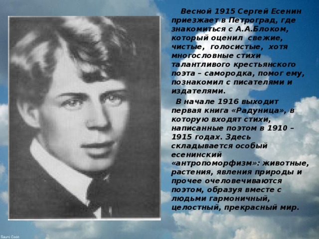  Весной 1915 Сергей Есенин приезжает в Петроград, где знакомиться с А.А.Блоком, который оценил свежие, чистые, голосистые, хотя многословные стихи талантливого крестьянского поэта – самородка, помог ему, познакомил с писателями и издателями.  В начале 1916 выходит первая книга «Радуница», в которую входят стихи, написанные поэтом в 1910 – 1915 годах. Здесь складывается особый есенинский «антропоморфизм»: животные, растения, явления природы и прочее очеловечиваются поэтом, образуя вместе с людьми гармоничный, целостный, прекрасный мир.  