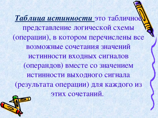 Таблица истинности это табличное представление логической схемы (операции), в котором перечислены все возможные сочетания значений истинности входных сигналов (операндов) вместе со значением истинности выходного сигнала (результата операции) для каждого из этих сочетаний. 