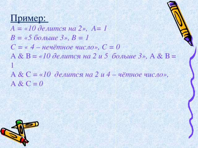 Пример: А = «10 делится на 2», А= 1 В = «5 больше 3», В = 1 С = « 4 – нечётное число», С = 0 А & В = «10 делится на 2 и 5 больше 3», А & В = 1 А & С = « 10 делится на 2 и 4 – чётное число», А & С = 0 