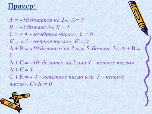 Пример: А = «10 делится на 2», А= 1 В = «5 больше 3», В = 1 С = « 4 – нечётное число», С = 0 К = « 3 – чётное число», К = 0 А +  В = «10 делится на 2 или 5 больше 3», А +  В = 1 А +  С = « 10 делится на 2 или 4 – чётное число», А +  С = 1 С + К = « 4 – нечётное число или 3 – чётное число», С+К = 0   