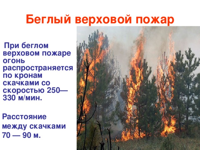 Беглый верховой пожар  При беглом верховом пожаре огонь распространяется по кронам скачками со скоростью 250—330 м/мин.   Расстояние  между скачками  70 — 90 м.  