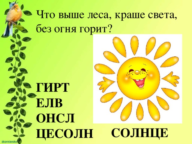 Что выше леса, краше света, без огня горит? ГИРТ ТИГР ЕЛВ ОНСЛ ЦЕСОЛН ЛЕВ СЛОН СОЛНЦЕ 