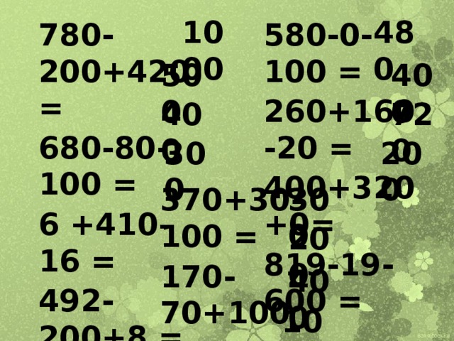 1000 480 580-0-100 = 780-200+420 = 680-80-100 = 260+160-20 = 400+320+0= 6 +410–16 = 492-200+8 = 819-19-600 = 400 500 400 720 200 300 300 370+30-100 = 170-70+100 = 16 +410–26 = 397-300+3 = 200 400 100 