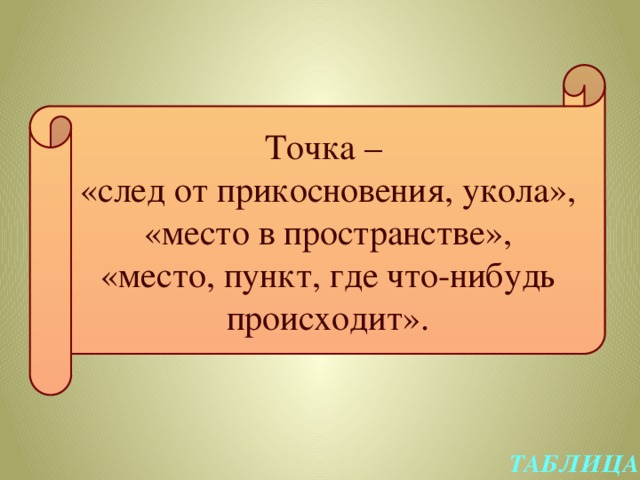    Точка – «след от прикосновения, укола», «место в пространстве», «место, пункт, где что-нибудь происходит». ТАБЛИЦА 